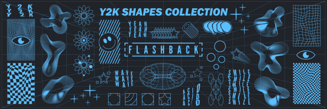 Abstract geometry hud wireframe shapes and patterns, cyberpunk elements, icon s and perspective grid s. Surreal geometric signs. Rave psychedelic futuristic Y2k acid aesthetic set. Vector illustration