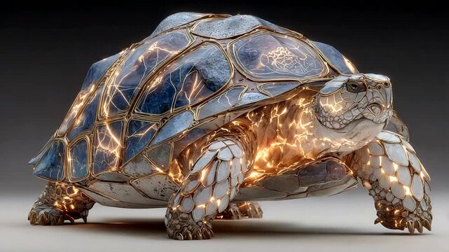 Illuminated turtle sculpture made of gemstones and metal, showcasing intricate design
