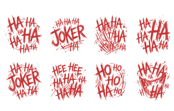 Joker Laugh HA HA Text Maniacal Laughter Typography Set 8 Chaotic Ink Sketch Lettering-Joker Text Design Vector Set