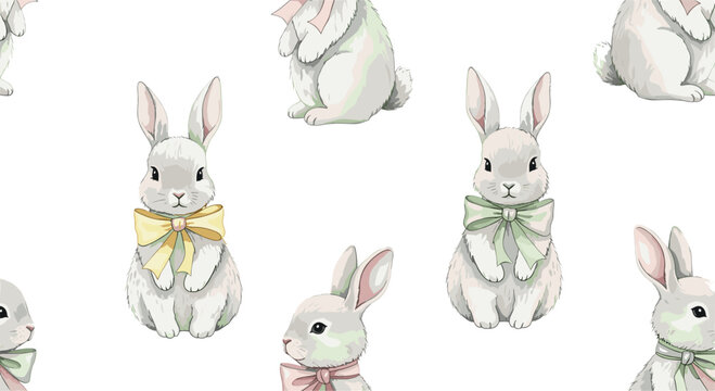 Seamless pattern of adorable bunnies with colorful bows on white background