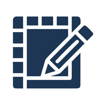 Dark blue notepad icon with pencil isolated on black background