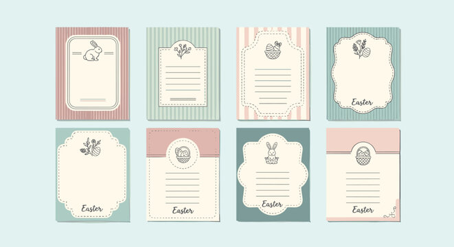 Easter-themed greeting cards with pastel designs and cute borders