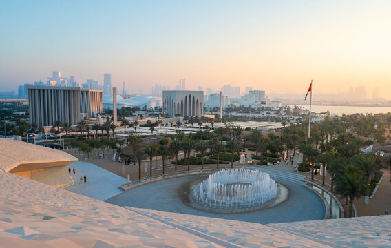 Abu Dhabi, United Arab Emirates &ndash; February 22, 2026: High-Angle View of Saadiyat Cultural District with Abrahamic Family House at Sunset