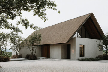 A stylish house features a thatched roof and a mix of concrete walls