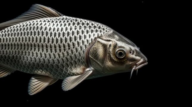Close-up of a Silver Carp Swimming in Dark Water - Detailed Fish Portrait with Scales and Fins Against Black Background for Aquatic Life Footage