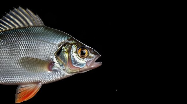 Close-up of a Silver Fish Against Black Background - Detailed Portrait of Freshwater Bream with Vibrant Orange Fins and Intense Eye Detail Isolated on Dark Studio Backdrop