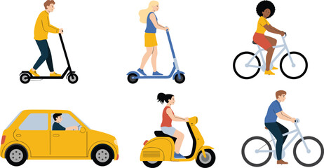 Fototapeta premium People riding electric scooter, bicycle, car and motorcycle, urban transportation character set with men and women flat vector illustration isolated background