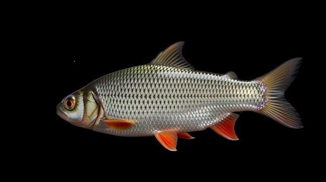 Close-up of a Silver Roach Fish Swimming in Dark Water with Bubbles - Detailed Portrait of Freshwater Wildlife on Black Background for Nature and Science