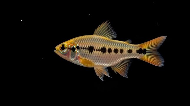 Close-up of a Sparkling Rasbora Heteromorpha Fish Swimming in Dark Water with Bokeh Lights - Aquarium Stock Footage for Nature and Wildlife Projects