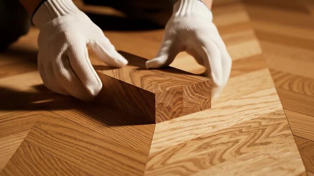 Hands in gloves placing a new parquet floor block during installation, showcasing craftsmanship and quality home improvement concept