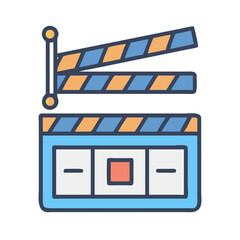 Stylized cinema clapperboard with blue and peach accents on a black background