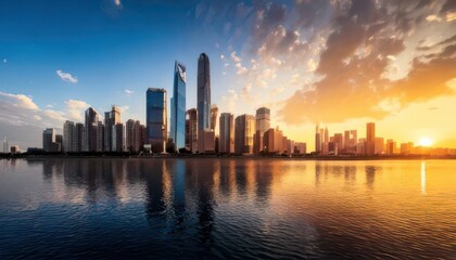 Obraz premium City skyline with tall buildings reflected in calm water at sunset with orange and blue sky