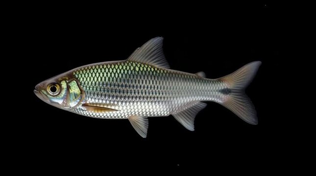 Detailed studio shot of a silver-scaled chub fish isolated on black background showcasing its iridescent scales and streamlined body shape perfect for nature documentaries or educational projects