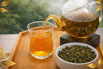 Fototapeta premium Green tea in a glass cup, soothing mood, pouring from teapot, wooden tray background