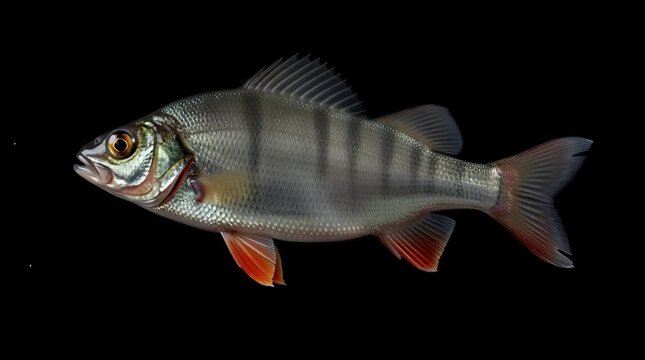 Detailed studio shot of a vibrant European perch fish isolated on black background showcasing its distinctive markings and scales with sharp focus for wildlife and nature footage