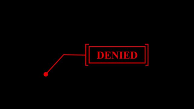 Animated "DENIED" text stamp with red outline and dot pointer on black background, video animation