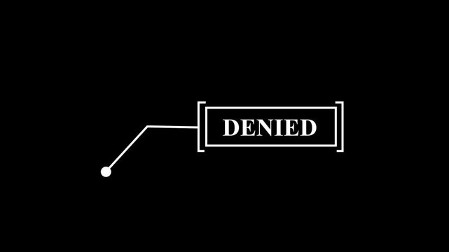 Animated "DENIED" text stamp with white outline and dot pointer on black background, video animation