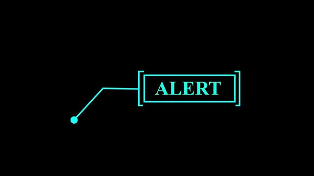 Animated "ALERT" text stamp with cyan outline and dot pointer on black background, video animation