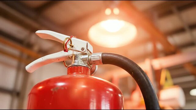 Essential red fire extinguisher with white handle and black hose, prominently displayed in an industrial workplace for safety and emergency readiness.