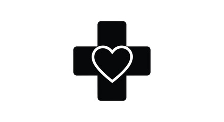 A black medical cross symbol with a white heart in the center
