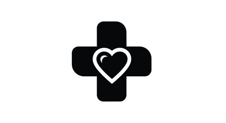 A black medical cross symbol with a white heart at its center