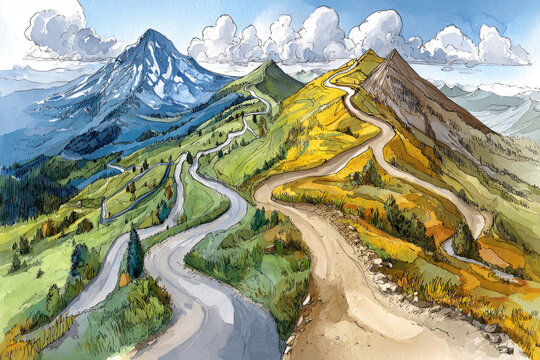 A mountain with many roads as a symbol of choice.