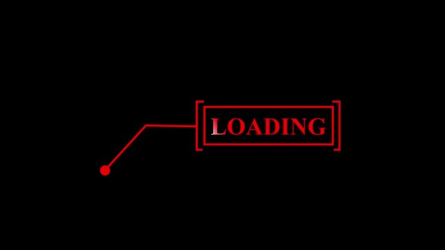 Animated "LOADING" text stamp with red outline and dot pointer on black background, video animation
