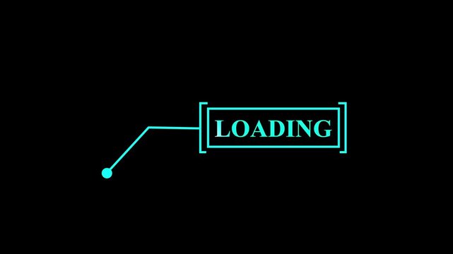 Animated "LOADING" text stamp with cyan outline and dot pointer on black background, video animation