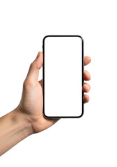 Hand holding a smartphone with blank screen isolated on transparent background
