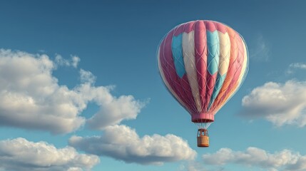 Obraz premium Colorful hot air balloon soaring through a vibrant blue sky amidst fluffy white clouds
