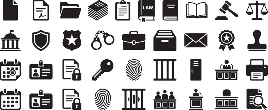 Collection of law and justice icons including legal documents badges and symbols on a white background