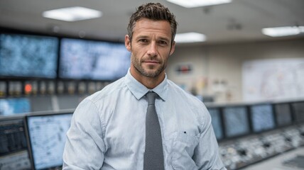 Obraz premium Confident businessman in control room with large screens
