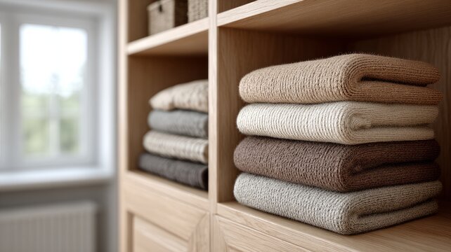 Stacked cozy knit blankets on wooden shelves in sunlit room