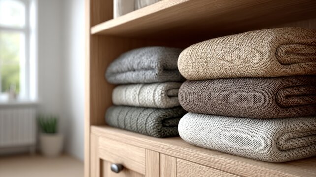 Neatly folded knit blankets on wooden shelf in cozy home interior