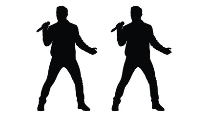 Fototapeta premium Silhouettes of two singers performing with microphones on a white background
