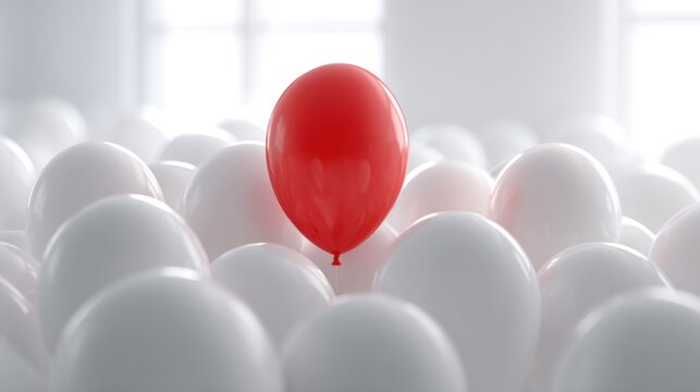 A single red balloon stands out amongst a multitude of white balloons