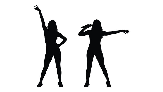 Two silhouetted figures dancing one raising a hand and the other holding a microphone