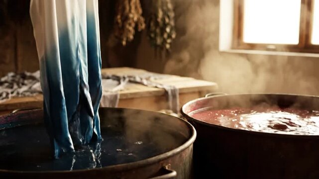 Artisan hands dipping fabric into a vat of natural indigo dye in a traditional workshop.