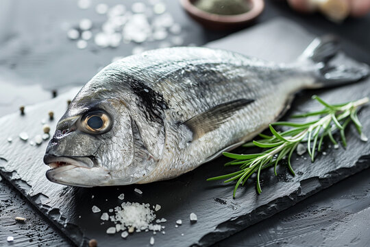 Frische Dorade auf Schieferplatte mit grobem Meersalz und Rosmarin &ndash; roher Fisch, mediterrane K&uuml;che, dunkler Food-Hintergrund