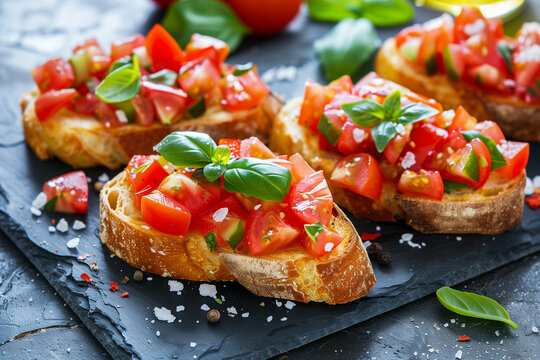Bruschetta mit frischen Tomaten und Basilikum auf Schieferplatte &ndash; mediterrane Vorspeise, italienisches Antipasti, Food Fotografie