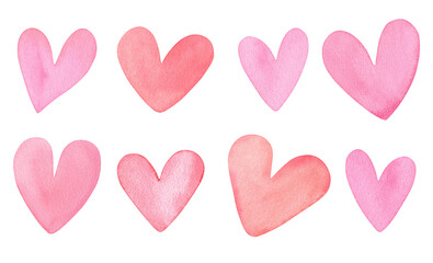 Obraz premium Watercolor Pink Hearts Set Isolated on White Background – Hand Painted Romantic Love Clipart Collection