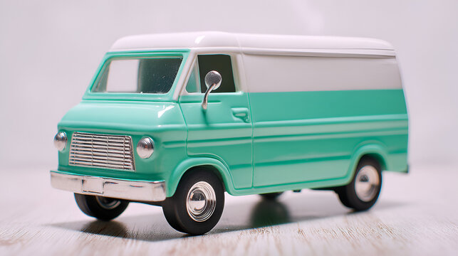 A small, detailed model of a vintage teal and white van on a light surface