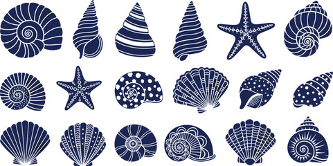 Large collection of seashell and starfish vector illustrations featuring various marine snail shells, scallops, and nautical ocean elements isolated on a white background. © IconicCreations