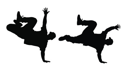 Two black silhouettes depict dynamic breakdancing poses against a white background