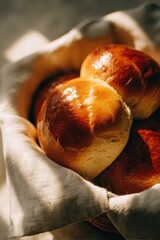 Shiny golden brioche buns in linen-lined wicker basket.