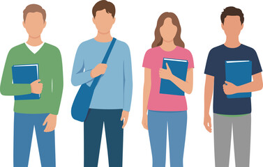 Fototapeta premium Students character set holding books and school bag, young men and woman in casual clothes flat vector illustration isolated on background
