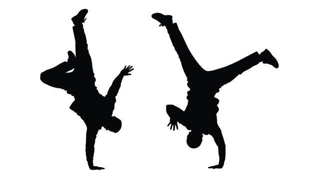 Two silhouetted figures performing dynamic breakdancing poses against a white background