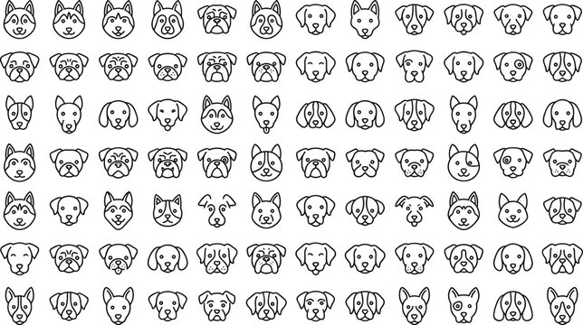 Large collection of minimalist line art dog head icons featuring various popular breeds like huskies, bulldogs, retrievers, and pugs on a white background.