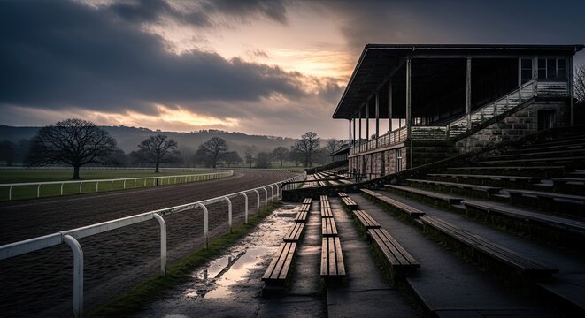 Dramatic view of empty racetrack grandstand under overcast sky