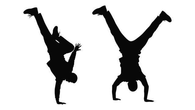 Two silhouettes of people performing handstands showcasing dynamic movement and balance